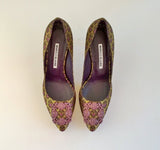 Manolo Blahnik Hangisi Brocade Heels Amethyst Rhinestone Buckle Shoes