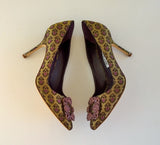 Manolo Blahnik Hangisi Brocade Heels Amethyst Rhinestone Buckle Shoes