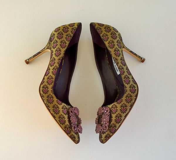 Manolo Blahnik Hangisi Brocade Heels Amethyst Rhinestone Buckle Shoes