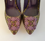 Manolo Blahnik Hangisi Brocade Heels Amethyst Rhinestone Buckle Shoes