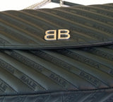 Balenciaga BB Lock Round Large Black Leather Embroidery Medium Bag