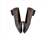 Chanel Glitter Loafers CC Flat Shoes Black Patent Cap Toe New