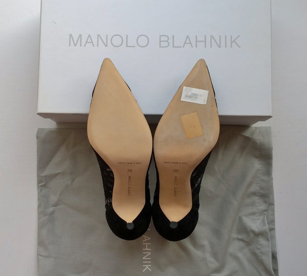 Manolo Blahnik Solola 105 Black Lace and Suede Heels