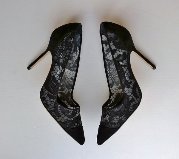 Manolo Blahnik Solola 105 Black Lace and Suede Heels