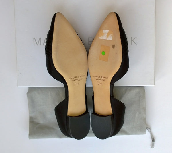 Manolo Blahnik Luanda Black Satin Rhinestone D'orsay Flats