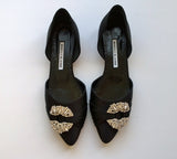Manolo Blahnik Luanda Black Satin Rhinestone D'orsay Flats