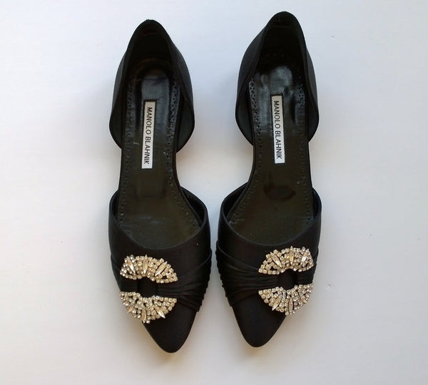 Manolo Blahnik Luanda Black Satin Rhinestone D'orsay Flats