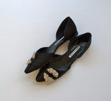 Manolo Blahnik Luanda Black Satin Rhinestone D'orsay Flats