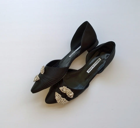 Manolo Blahnik Luanda Black Satin Rhinestone D'orsay Flats