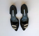 Manolo Blahnik Luanda Black Satin Rhinestone D'orsay Flats