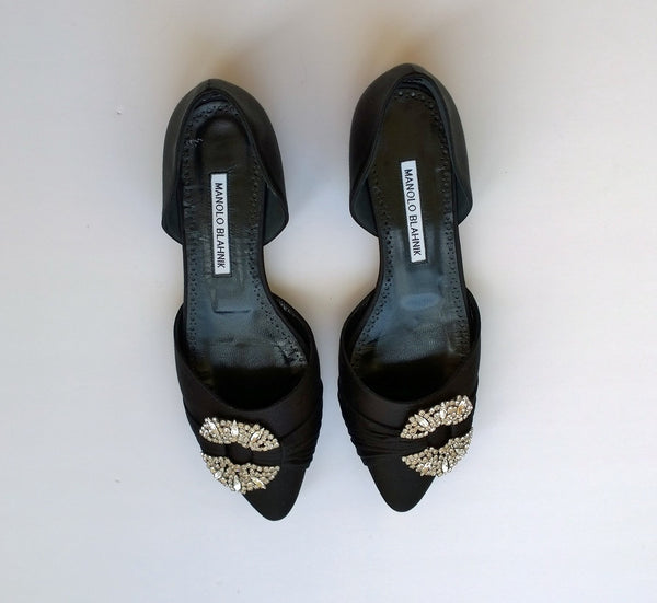Manolo Blahnik Luanda Black Satin Rhinestone D'orsay Flats