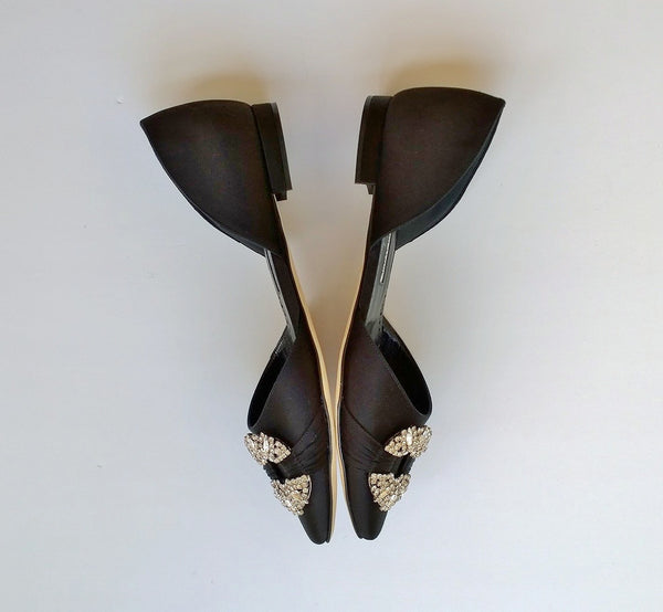 Manolo Blahnik Luanda Black Satin Rhinestone D'orsay Flats