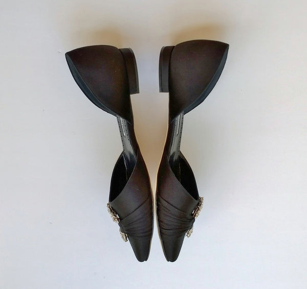 Manolo Blahnik Luanda Black Satin Rhinestone D'orsay Flats