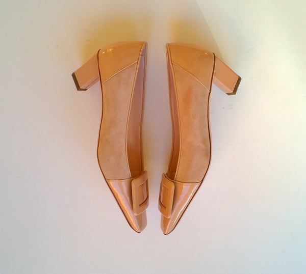 Roger Vivier Belle Vivier Sand Beige Nude Suede and Patent 45 Heels