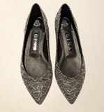Gina Darcy Silver Glitter Lace Leather Flats Pointy Pumps