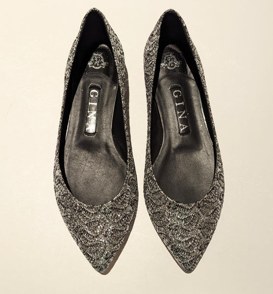 Gina Darcy Silver Glitter Lace Leather Flats Pointy Pumps