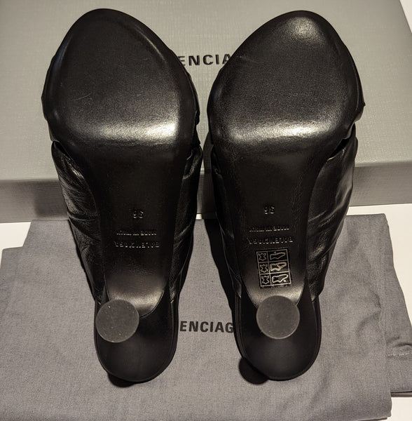 Balenciaga Drapy Black Leather Mules Knotted Sandals Heels