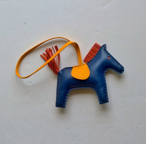 Hermès Rodeo MM Leather Horse Charm Bleu Maltese Jaune D'or Cornaline