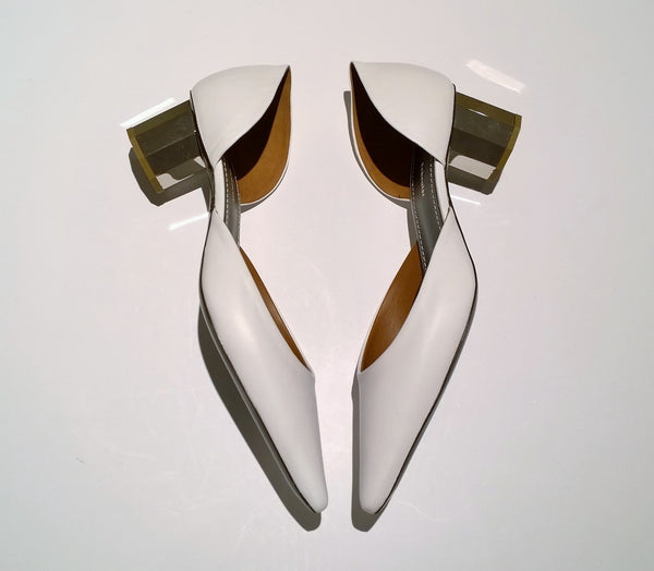 Proenza Schouler Pillar White Leather with Silver Block Heel D'orsay Shoes