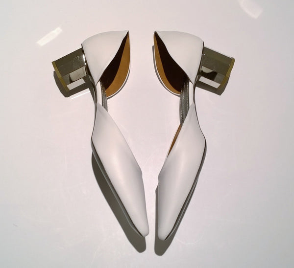 Proenza Schouler Pillar White Leather with Silver Block Heel D'orsay Shoes