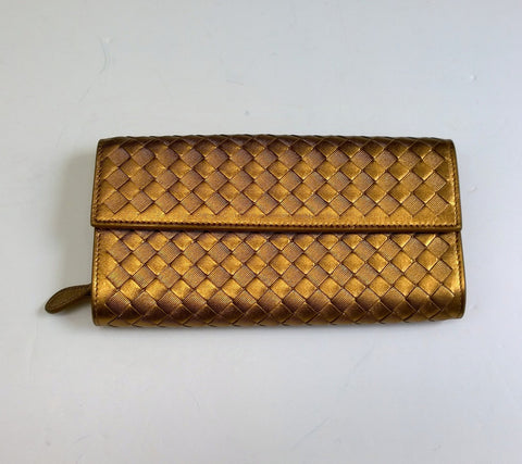 Bottega Veneta Copper Intrecciato Woven Leather Wallet Purse