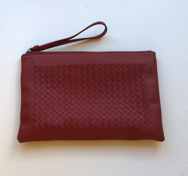 Bottega Veneta Burgundy Woven Clutch with Wrist Strap