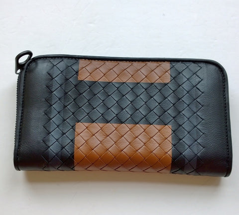 Bottega Venetta Intrecciato Black Woven Leather Wallet with Brown and Navy Color Block