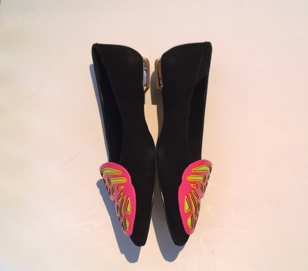 Sophia Webster Bibi Butterfly Flats in Black Suede and Neon Pink and Yellow