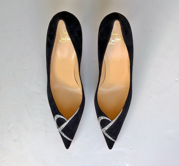Christian Louboutin CL Logo Pumps Strass Black Suede 85 Heels Rhinestone shoes