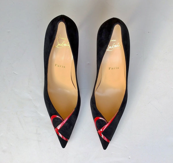 Christian Louboutin CL Logo Pumps in Black Suede with Red 85 Heels