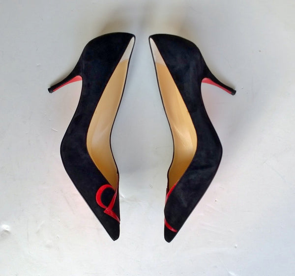 Christian Louboutin CL Logo Pumps in Black Suede with Red 85 Heels