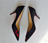 Christian Louboutin CL Logo Pumps in Black Suede with Red 85 Heels