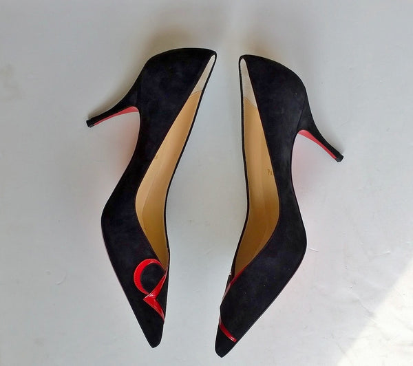 Christian Louboutin CL Logo Pumps in Black Suede with Red 85 Heels