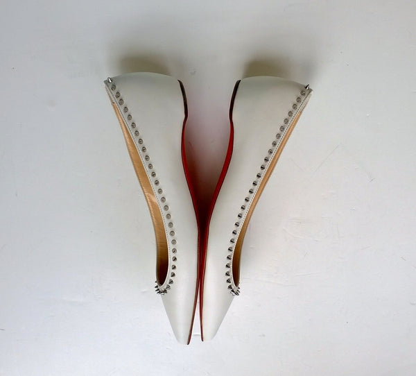 Christian Louboutin Anjalina Flat in White Leather Snow Silver Studs Spikes shoes