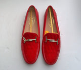 Tod's Double T Red Leather and Suede Quilted Loafers Gommino Silver Buckle