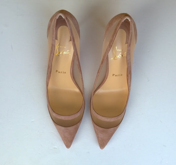 Christian Louboutin Galativi 85 Beige Suede and Mesh Heels