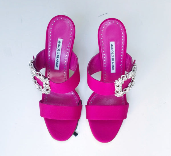 Manolo Blahnik Gable Fuchsia Satin Rhinestone Buckle Slides Sandals sale Heels