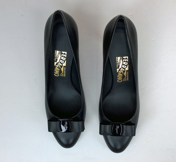 Ferragamo Carla Vara Black Leather Bow Heels Sale Pumps