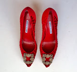 Manolo Blahnik Hangisi Red Polka Dot Silk Buckle Heels with Rhinestones 90