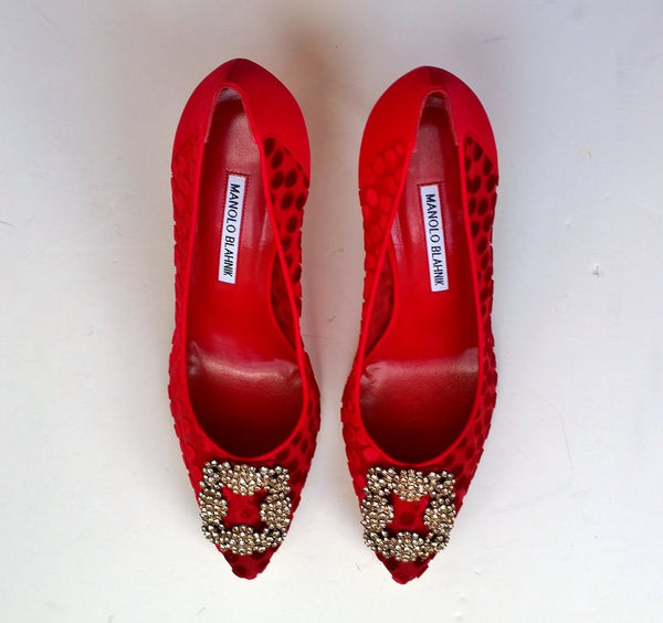 Manolo Blahnik Hangisi Red Polka Dot Silk Buckle Heels with Rhinestones 90