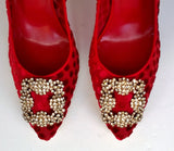 Manolo Blahnik Hangisi Red Polka Dot Silk Buckle Heels with Rhinestones 90