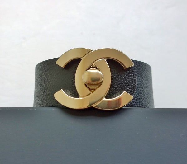 Chanel CC Cuff Bracelet in Black Leather Gold Logo Jewelry Jewellery New Large Size
