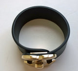 Chanel CC Cuff Bracelet in Black Leather Gold Logo Jewelry Jewellery New Large Size