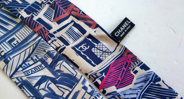 Chanel Silk Twilly Scarf Slim Bandeau Boutique Logo Drawing Accessories New