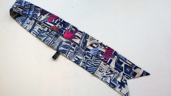 Chanel Silk Twilly Scarf Slim Bandeau Boutique Logo Drawing Accessories New