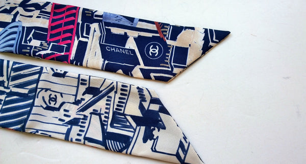 Chanel Silk Twilly Scarf Slim Bandeau Boutique Logo Drawing Accessories New