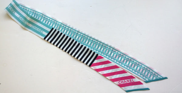 Chanel Silk Twilly Scarf Slim Bandeau Logo Stripes Accessories New