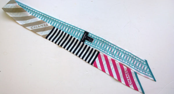 Chanel Silk Twilly Scarf Slim Bandeau Logo Stripes Accessories New