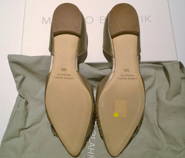Manolo Blahnik Luanda Satin Rhinestone Buckle Flats Gold