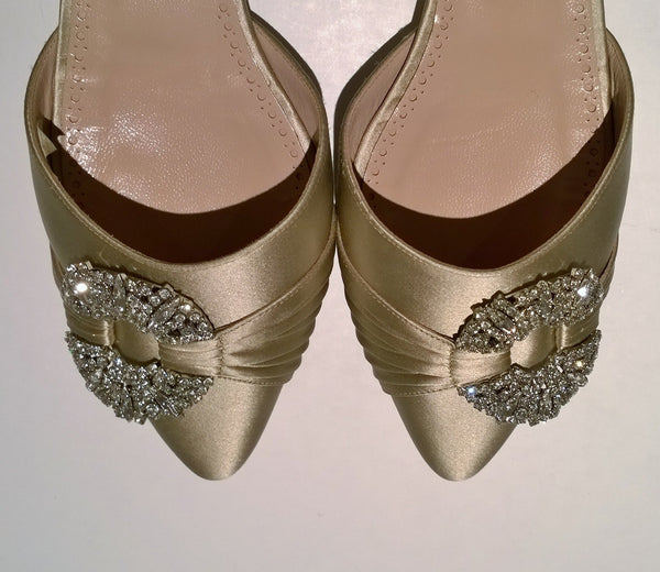 Manolo Blahnik Luanda Satin Rhinestone Buckle Flats Gold